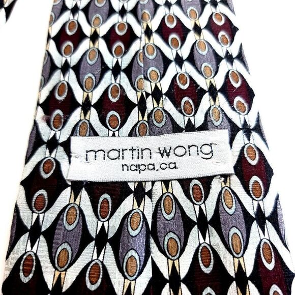 Martin Wong Red Silver Tan Print Short Wide Silk Tie - Picture 3 of 6